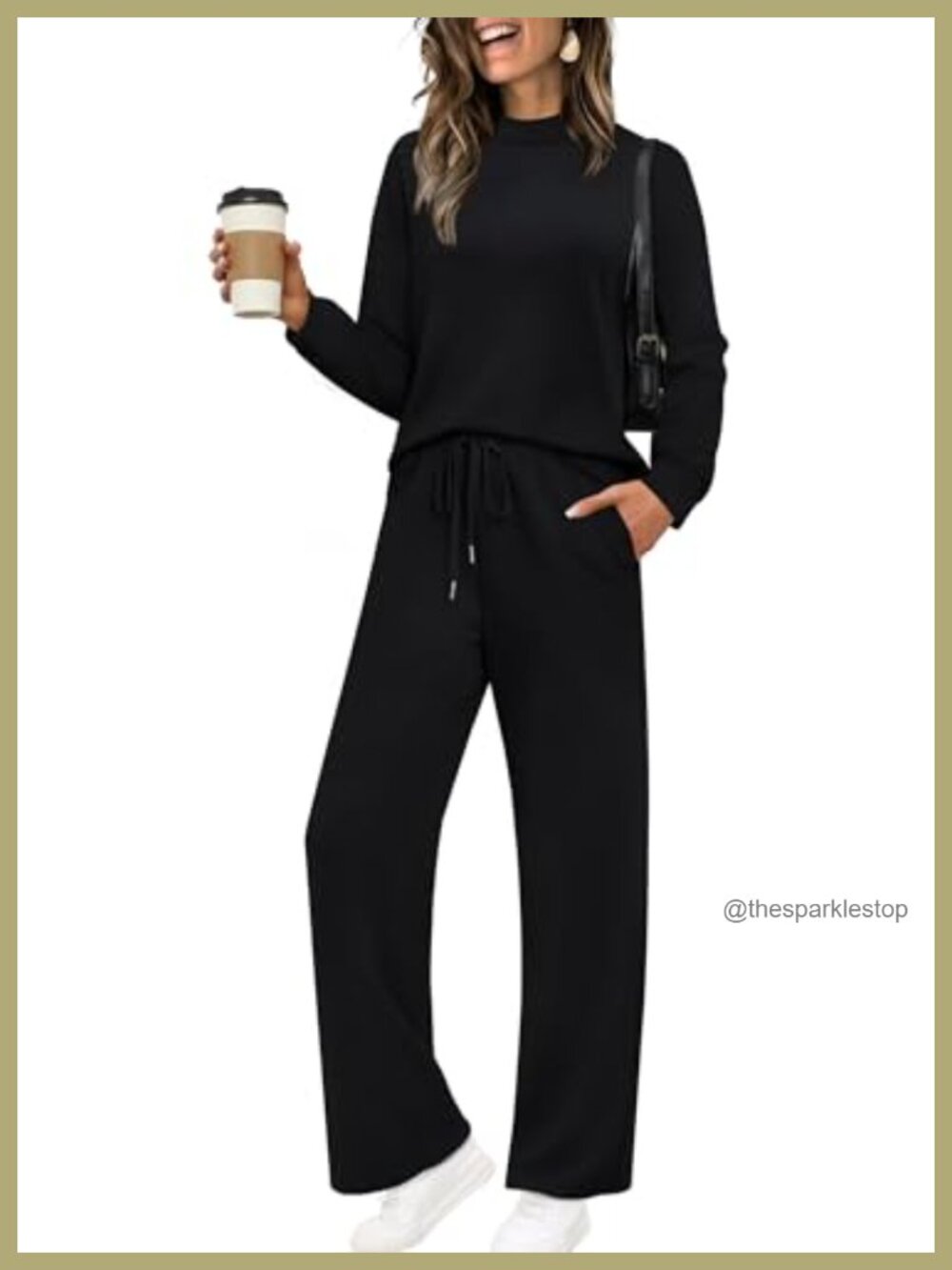 Mock Neck Two Piece Lounge Set Wide Leg Drawstring Pants Travel